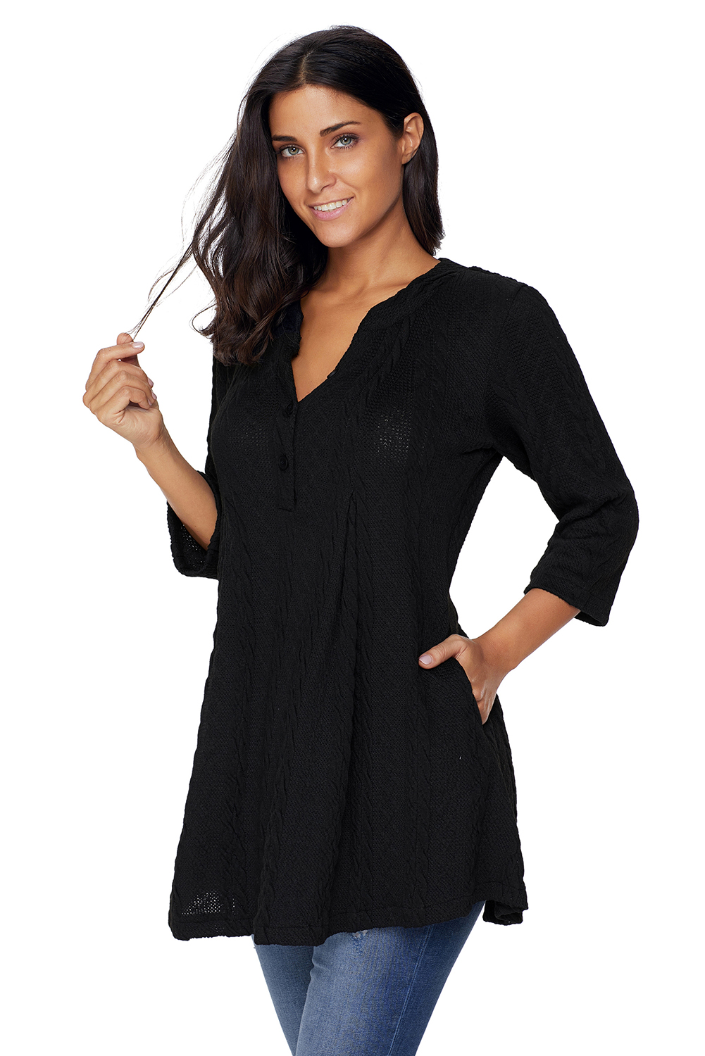 BY27750-2 Black Cable Knit Button Neck Swingy Tunic